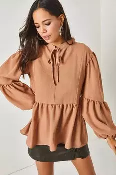 Женская свободная льняная блузка с верблюжьим воротником на шнуровке и воздушными рукавами Olalook, коричневый