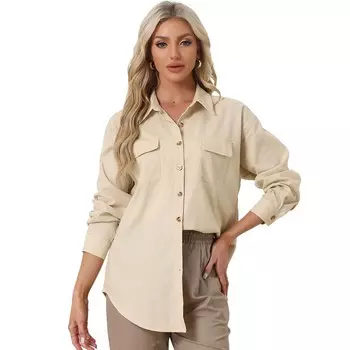 Женская свободная льняная повседневная рубашка на пуговицах с длинными рукавами и рулонами ALLEGRA K, цвет Khaki