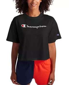 Женская свободная укороченная футболка с надписью и логотипом Champion, черный