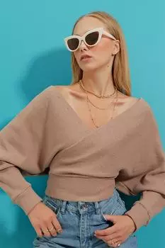 Женская темно-бежевая двубортная блузка с v-образным вырезом спереди и сзади Trend Alaat Stili, бежевый