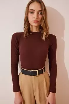 Женская темно-коричневая вязаная блузка с воротником на шнурке Happiness stanbul, коричневый