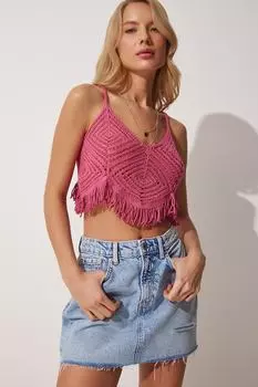 Женская темно-розовая ажурная трикотажная блузка с кисточками Happiness stanbul, розовый