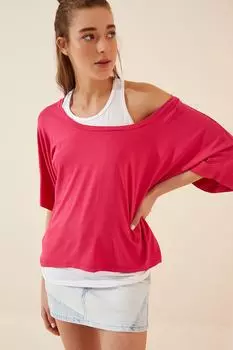 Женская темно-розовая майка, повседневная двойная футболка Happiness stanbul, розовый