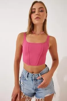 Женская темно-розовая укороченная трикотажная блузка с бретелями Happiness stanbul, розовый