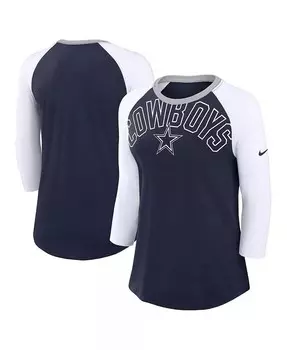 Женская темно-синяя, белая футболка Dallas Cowboys Knockout Arch Raglan Tri-Blend с рукавами 3/4 Nike, синий