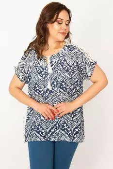 Женская темно-синяя блузка большого размера с кружевным тканым воротником и воротником 65n33536 ans, темно-синий