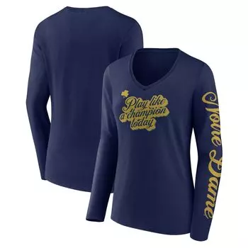 Женская темно-синяя футболка Fanatics с фирменным логотипом Notre Dame Fighting Irish Play Like a Champion Today 2-Hit с V-образным вырезом и длинными рукавами Fanatics
