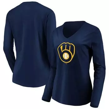 Женская темно-синяя футболка Fanatics с официальным логотипом Milwaukee Brewers и v-образным вырезом с длинными рукавами Fanatics