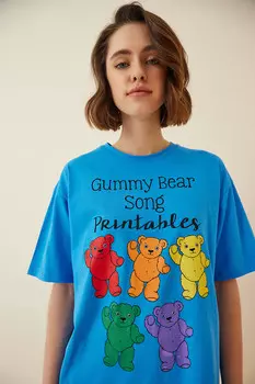 Женская темно-синяя футболка оверсайз с принтом плюшевого мишки Happiness Istanbul, синий