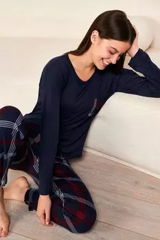 Женская темно-синяя футболка с карманами в клетку из 2 предметов Tkm 7606 PJM ECROU