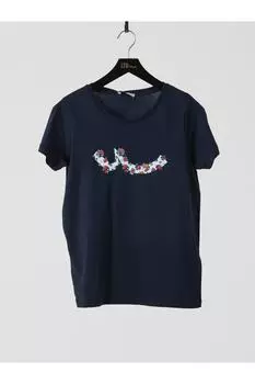 Женская темно-синяя футболка с коротким рукавом и круглым вырезом с принтом Ltb, темно-синий
