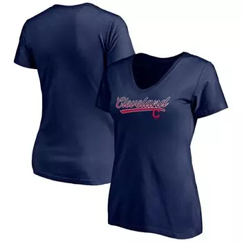 Женская темно-синяя футболка с v-образным вырезом и логотипом Fanatics Cleveland Indians Fanatics