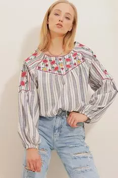 Женская темно-синяя льняная блузка в полоску с цветочной вышивкой Trend Alaat Stili, разноцветный