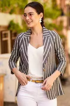 Женская темно-синяя льняная куртка в толстую полоску на одной пуговице armonika, темно-синий