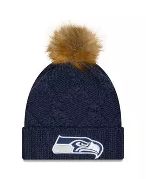 Женская темно-синяя роскошная вязаная шапка с манжетами и помпоном для колледжа Сиэтл Сихокс New Era, синий