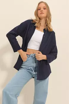 Женская темно-синяя рубашка оверсайз со шнуровкой ALC-X11299 Trend Alaat Stili, темно-синий