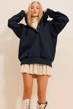 Женская темно-синяя толстовка оверсайз с капюшоном и застежкой на кнопки в 3 нити ALC-X11146 Trend Alaat Stili, темно-синий