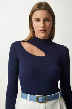 Женская темно-синяя вязаная блузка с вырезами Happiness Istanbul, темно-синий