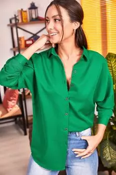 Женская темно-зеленая длинная базовая рубашка оверсайз armonika, зеленый