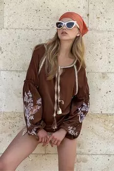 Женская тканая блузка из рафии с коричневыми рукавами и вышивкой и кисточками Trend Alaat Stili, коричневый