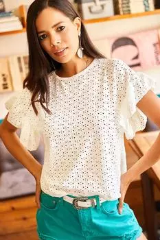 Женская тканая блузка с рукавами цвета экрю и рюшами с фестонами Olalook