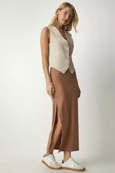 Женская тканая трикотажная юбка миди с разрезом печенья Happiness Istanbul, коричневый