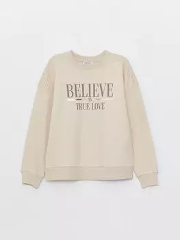 Женская толстовка большого размера с длинным рукавом и круглым вырезом с принтом LCW Casual, светло-бежевый