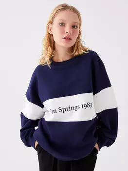 Женская толстовка большого размера с длинным рукавом и круглым вырезом с принтом LCW Casual, темно-синий