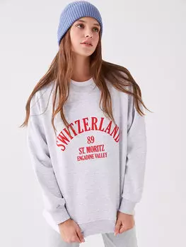 Женская толстовка большого размера с длинным рукавом и круглым вырезом с принтом LCW Casual, темно-синий