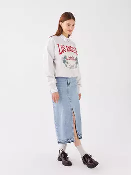 Женская толстовка большого размера с длинным рукавом и круглым вырезом с принтом LCW Casual, цвет камня меланж