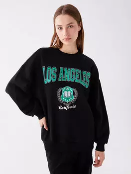 Женская толстовка большого размера с длинным рукавом и круглым вырезом с принтом LCW Casual, новый черный