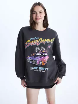 Женская толстовка большого размера с длинным рукавом и круглым вырезом с принтом LCW Casual, антрацит