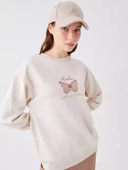 Женская толстовка большого размера с длинным рукавом и круглым вырезом с принтом LCW Casual, бежевый меланж