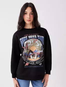 Женская толстовка большого размера с длинным рукавом и круглым вырезом с принтом LCW Casual, черный