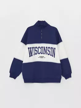 Женская толстовка большого размера с длинным рукавом и высоким воротником с принтом LCW Casual, светло-темно-синий