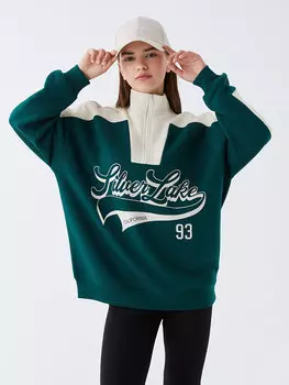 Женская толстовка большого размера с длинным рукавом и высоким воротником с принтом LCW Casual, темно-зеленый