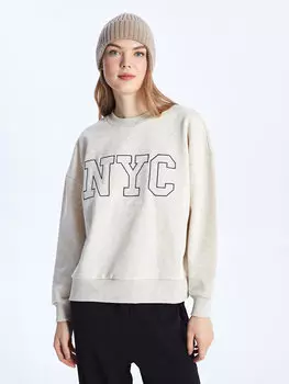 Женская толстовка большого размера с круглым вырезом и длинными рукавами с вышивкой LCW Casual, цвет камня меланж