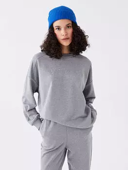 Женская толстовка большого размера с круглым вырезом и длинными рукавами с вышивкой LCW Casual, средне-серый меланж