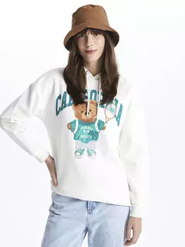 Женская толстовка оверсайз с длинными рукавами и капюшоном с принтом-туникой LCW Modest, экрю