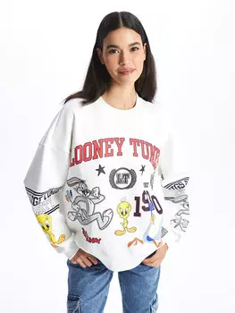 Женская толстовка оверсайз с длинными рукавами и круглым вырезом с принтом Looney Tunes LCW Casual, экрю