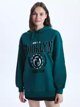 Женская толстовка оверсайз с длинными рукавами и принтом LCW Casual, темно-зеленый