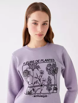 Женская толстовка с длинным рукавом и круглым вырезом с принтом LCW Casual, матовый сиреневый