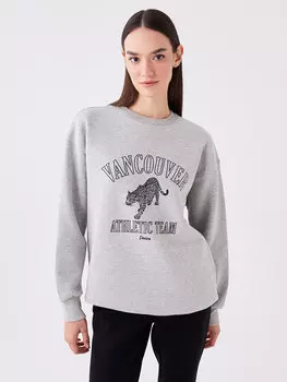 Женская толстовка с длинным рукавом и круглым вырезом с принтом LCW Casual, серый меланж