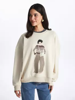 Женская толстовка с длинным рукавом и круглым вырезом с принтом LCW Casual, светло-бежевый