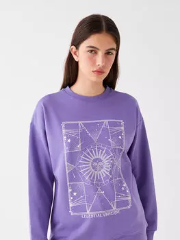 Женская толстовка с длинным рукавом и круглым вырезом с принтом LCW Casual, светло-фиолетовый