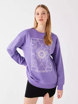Женская толстовка с длинным рукавом и круглым вырезом с принтом LCW Casual, светло-фиолетовый