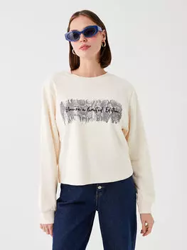 Женская толстовка с длинным рукавом и круглым вырезом с принтом LCW Vision, кремового цвета