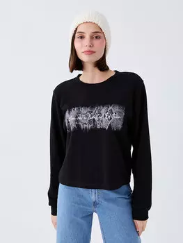 Женская толстовка с длинным рукавом и круглым вырезом с принтом LCW Vision, новый черный