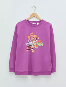 Женская толстовка с длинным рукавом и принтом Space Jam с круглым вырезом LCW Casual