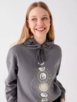 Женская толстовка с длинными рукавами и принтом LCW Casual, темно-серый